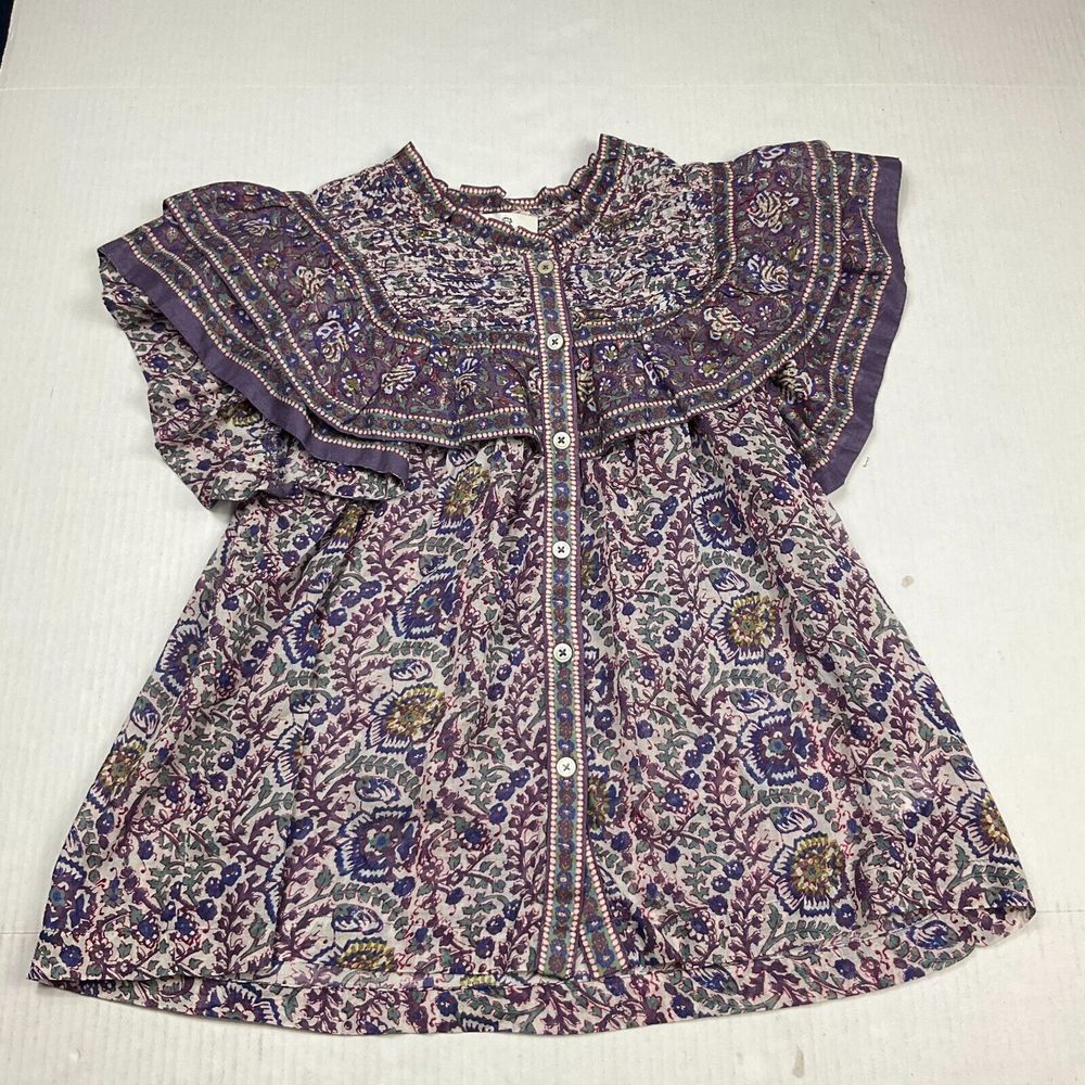 Sea New York Peasant Blouse Floral Ruffled Short Sleeve Button Down Shirt Medium